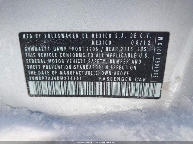 44307574 :رقم المزاد ، 3VWDP7AJ4DM374141 vin ، 2013 Volkswagen Jetta Se مزاد بيع
