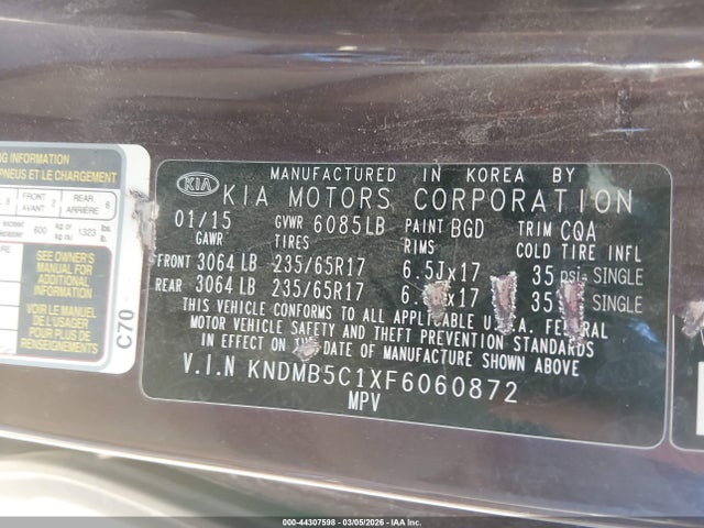 KIA SEDONA LX 2015 KNDMB5C1XF6060872 Image 9