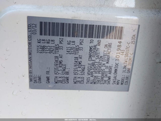 Продажа на аукционе авто 2013 Infiniti Jx35, vin: 5N1AL0MM3DC301984, номер лота: 44307610
