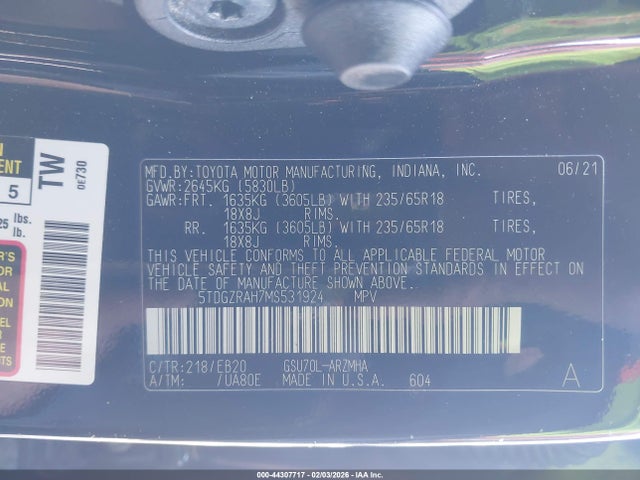 5TDGZRAH7MS531924 Toyota Highlander Xle