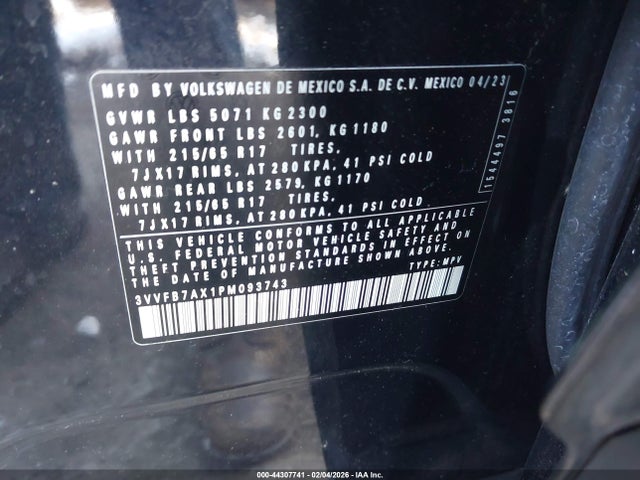 44307741 :رقم المزاد ، 3VVFB7AX1PM093743 vin ، 2023 Volkswagen Tiguan 2.0t S مزاد بيع