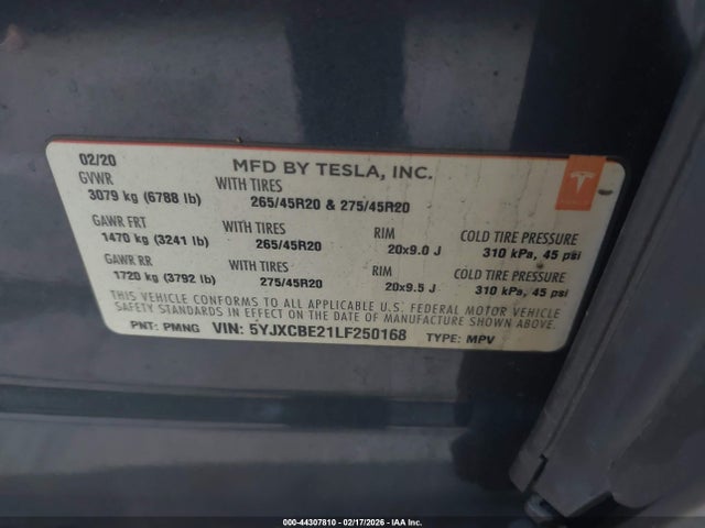Aukcja sprzedaży 2020 Tesla Model X Long Range Dual Motor All-wheel Drive/long Range Plus Dual Motor All-wheel Drive, vin: 5YJXCBE21LF250168, numer aukcji: 44307810