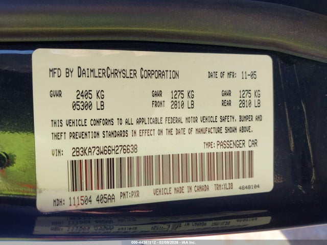 Продажа на аукционе авто 2006 Dodge Charger Srt8, vin: 2B3KA73W66H276638, номер лота: 44307812