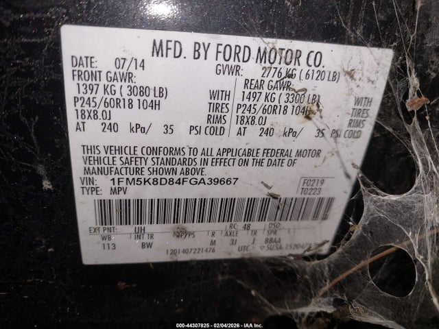 44307825 :رقم المزاد ، 1FM5K8D84FGA39667 vin ، 2015 Ford Explorer Xlt مزاد بيع
