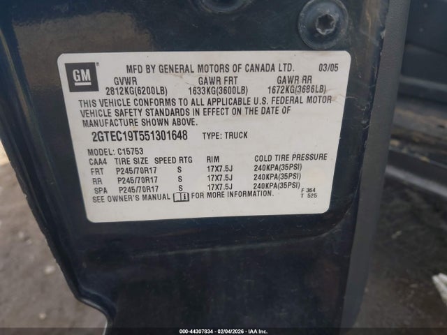 44307834 :رقم المزاد ، 2GTEC19T551301648 vin ، 2005 Gmc Sierra 1500 Sle مزاد بيع