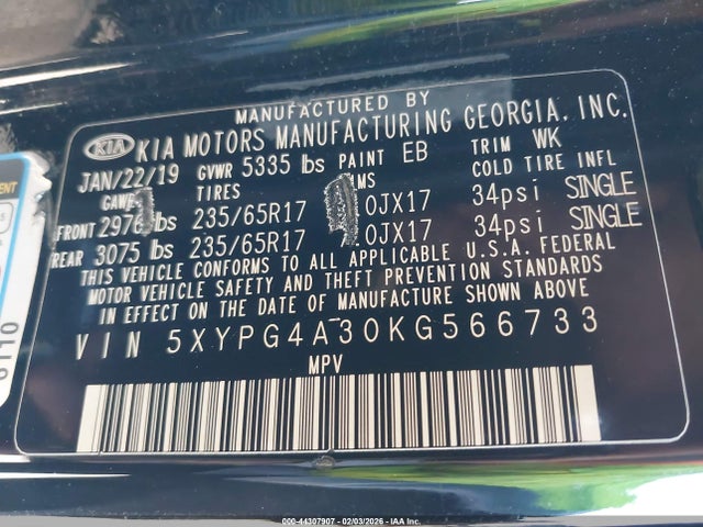 5XYPG4A30KG566733 KIA Sorento 2.4l Lx