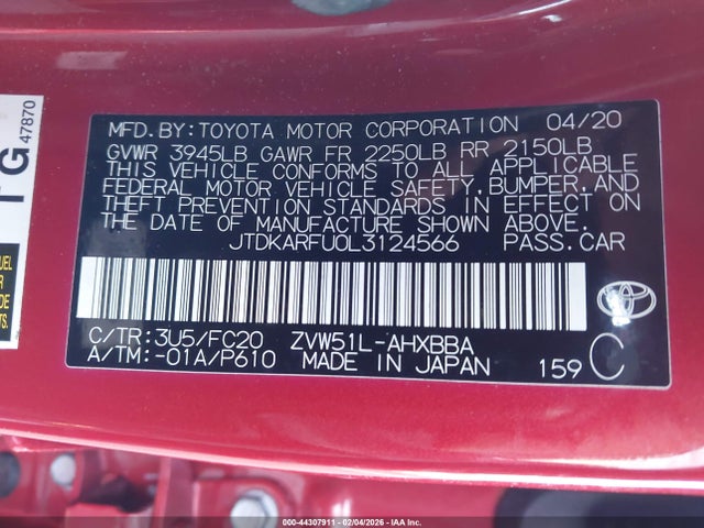 JTDKARFU0L3124566 Toyota Prius L Eco