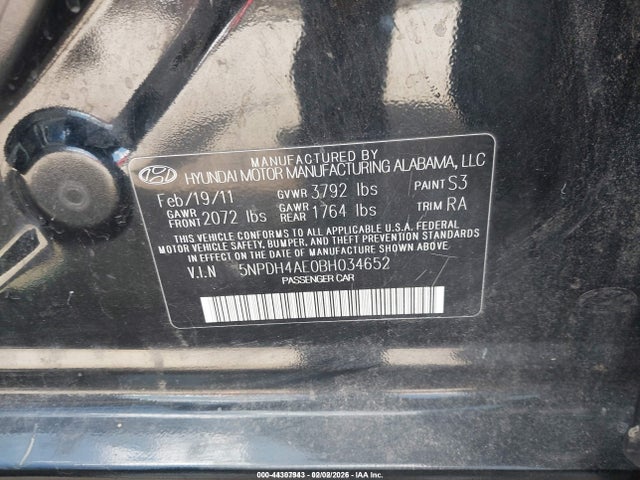 44307943 :رقم المزاد ، 5NPDH4AE0BH034652 vin ، 2011 Hyundai Elantra Gls مزاد بيع