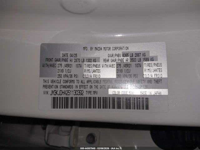 44307949 :رقم المزاد ، JM3KJDHA2S1130392 vin ، 2025 Mazda Cx-70 Phev Premium Package مزاد بيع