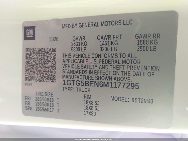 44307990 :رقم المزاد ، 1GTG5BEN6M1177295 vin ، 2021 Gmc Canyon مزاد بيع