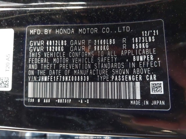 Продаж на аукціоні авто 2022 Honda Civic Ex, vin: JHMFE1F79NX008939, номер лоту: 44307992
