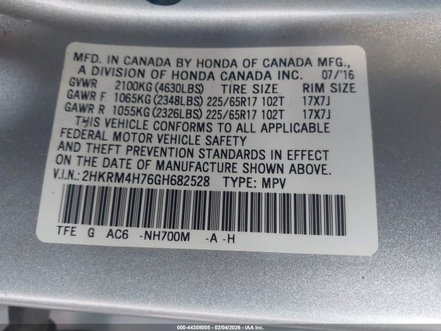2HKRM4H76GH682528 Honda Cr-v Ex-l