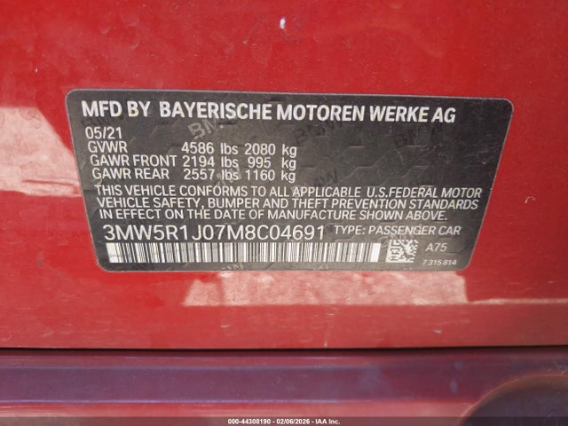 Продаж на аукціоні авто 2021 Bmw 330i, vin: 3MW5R1J07M8C04691, номер лоту: 44308190