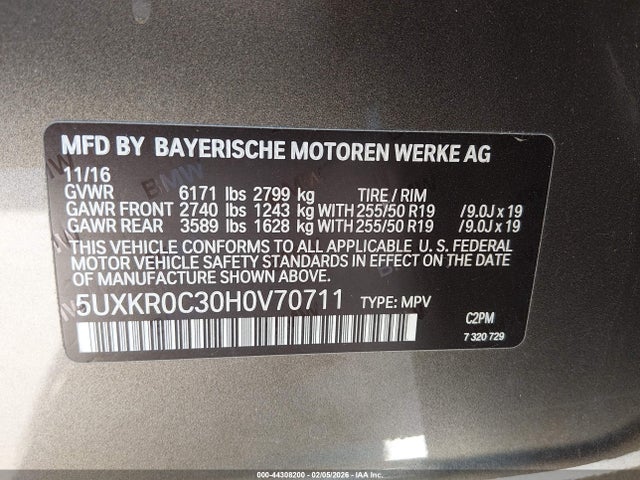 44308200 :رقم المزاد ، 5UXKR0C30H0V70711 vin ، 2017 Bmw X5 Xdrive35i مزاد بيع