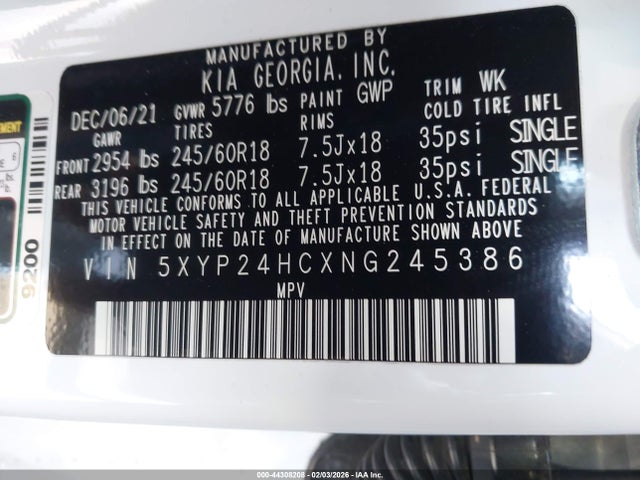 5XYP24HCXNG245386 KIA Telluride Lx
