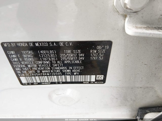 3CZRU5H78KM726595 Honda Hr-v Ex-l
