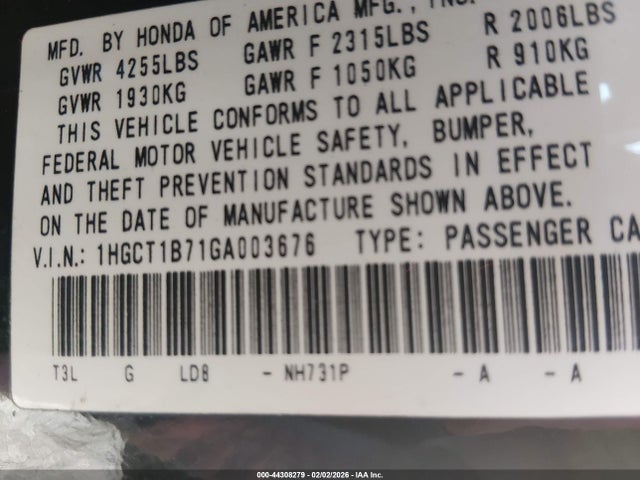 1HGCT1B71GA003676 Honda ACCORD EX