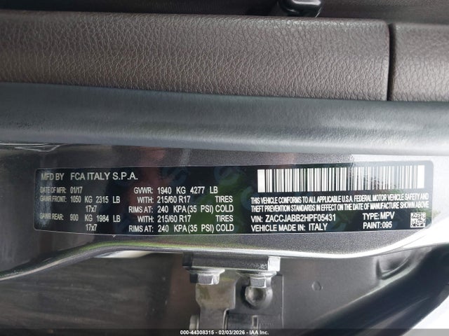 44308315 :رقم المزاد ، ZACCJABB2HPF05431 vin ، 2017 Jeep Renegade Latitude Fwd مزاد بيع
