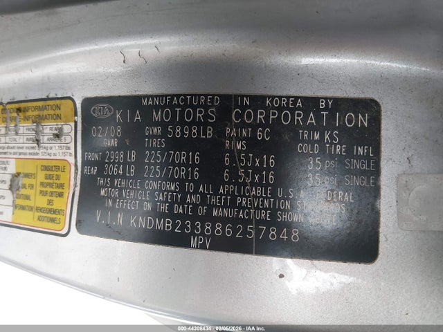 Продажа на аукционе авто 2008 Kia Sedona Ex/lx, vin: KNDMB233886257848, номер лота: 44308434