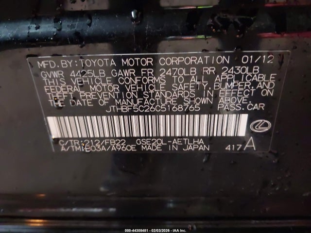44308481 :رقم المزاد ، JTHBF5C26C5168765 vin ، 2012 Lexus Is 250 مزاد بيع