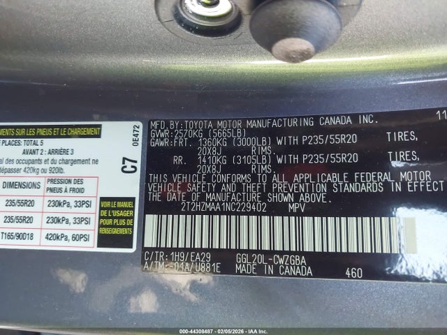 Aukcja sprzedaży 2022 Lexus Rx 350, vin: 2T2HZMAA1NC229402, numer aukcji: 44308487