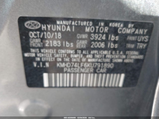 KMHD74LF6KU791890 Hyundai ELANTRA SE