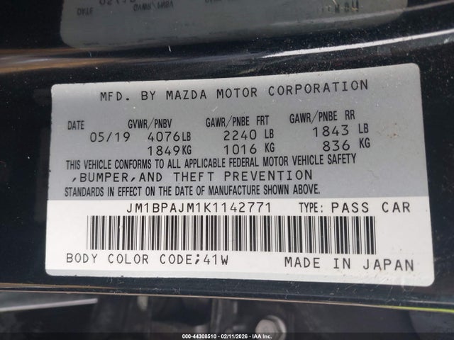 Aukcja sprzedaży 2019 Mazda Mazda3, vin: JM1BPAJM1K1142771, numer aukcji: 44308510