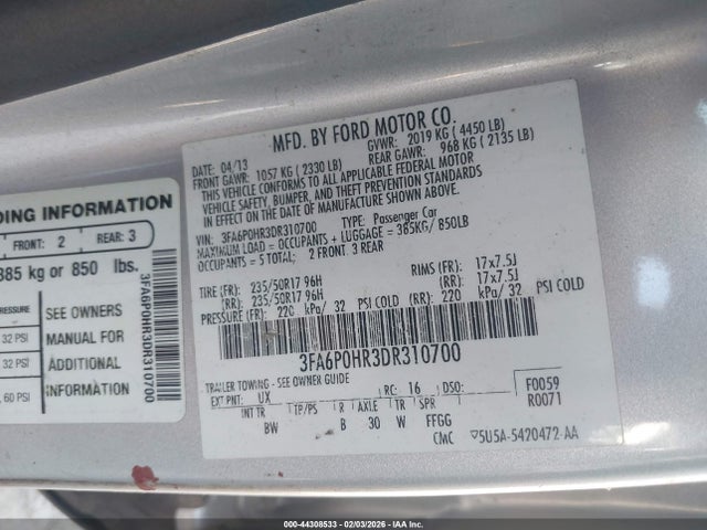 Продаж на аукціоні авто 2013 Ford Fusion Se, vin: 3FA6P0HR3DR310700, номер лоту: 44308533