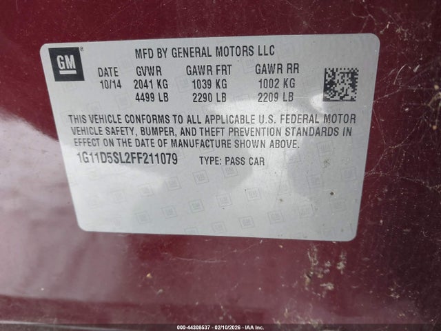 44308537 :رقم المزاد ، 1G11D5SL2FF211079 vin ، 2015 Chevrolet Malibu 2lt مزاد بيع