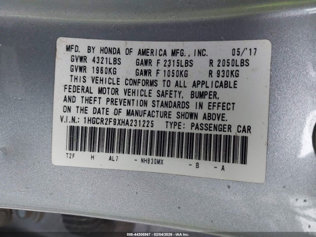1HGCR2F9XHA231225 Honda Accord Ex-l