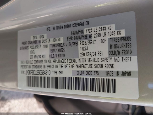 Aukcja sprzedaży 2025 Mazda Cx-5 2.5 S Preferred, vin: JM3KFBCL2S0584310, numer aukcji: 44308586
