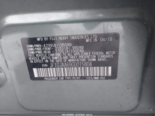 Продажа на аукционе авто 2016 Subaru Impreza 2.0i, vin: JF1GJAA69GG015804, номер лота: 44308600
