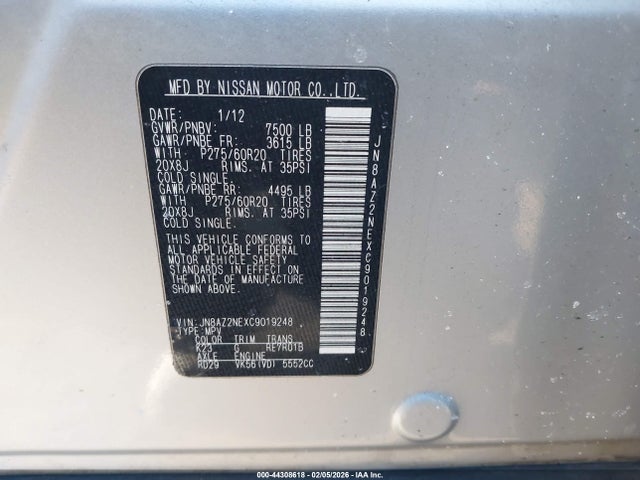 2012 Infiniti Qx56 მანქანა იყიდება აუქციონზე, vin: JN8AZ2NEXC9019248, აუქციონის ნომერი: 44308618