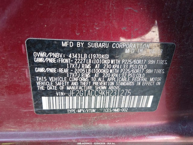 44308622 :رقم المزاد ، JF2GTACC9KH231275 vin ، 2019 Subaru Crosstrek 2.0i Premium مزاد بيع
