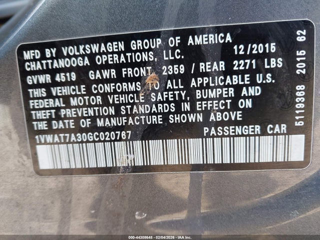 1VWAT7A30GC020767 Volkswagen Passat 1.8t S
