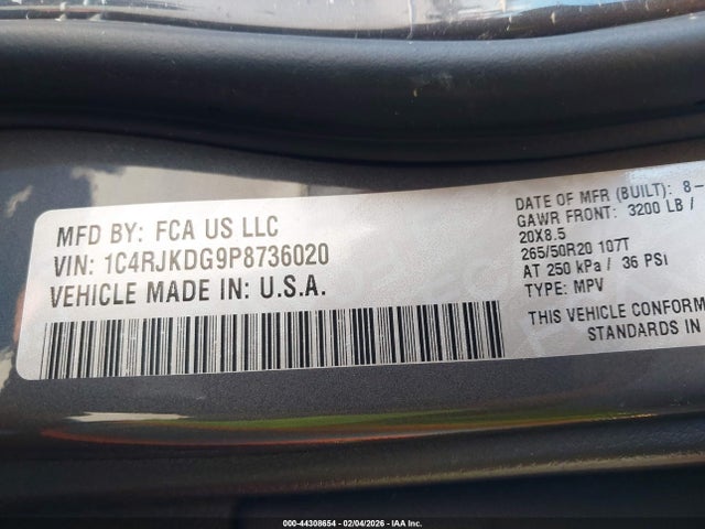 1C4RJKDG9P8736020 Jeep Grand Cherokee L Overland 4x4