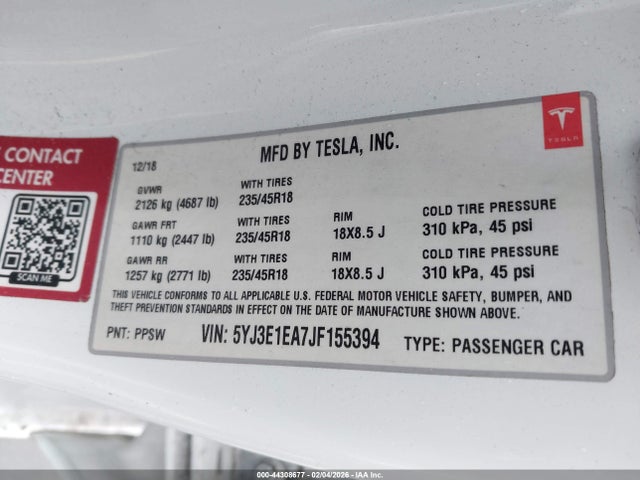 Продажа на аукционе авто 2018 Tesla Model 3 Long Range/mid Range, vin: 5YJ3E1EA7JF155394, номер лота: 44308677