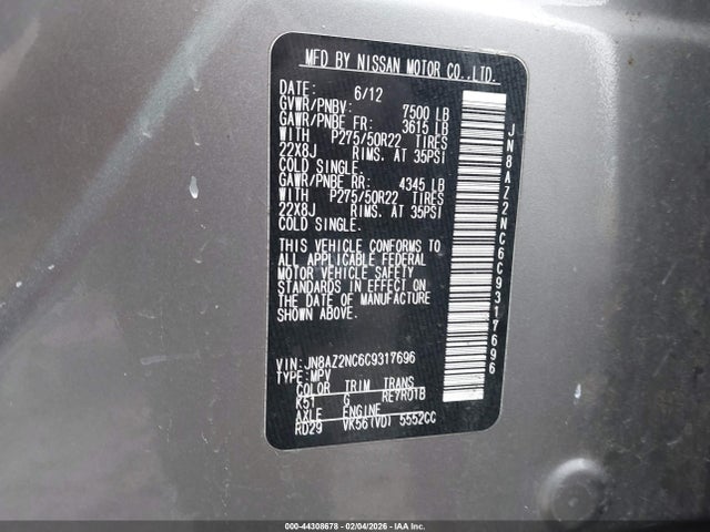 44308678 :رقم المزاد ، JN8AZ2NC6C9317696 vin ، 2012 Infiniti Qx56 مزاد بيع