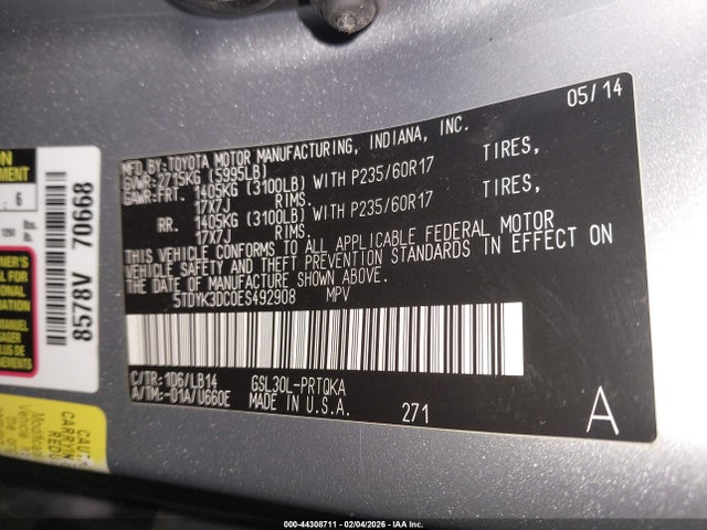 5TDYK3DC0ES492908 Toyota Sienna Xle V6 8 Passenger