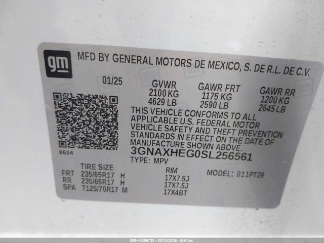 Aukcja sprzedaży 2025 Chevrolet Equinox Fwd Lt, vin: 3GNAXHEG0SL256561, numer aukcji: 44308732