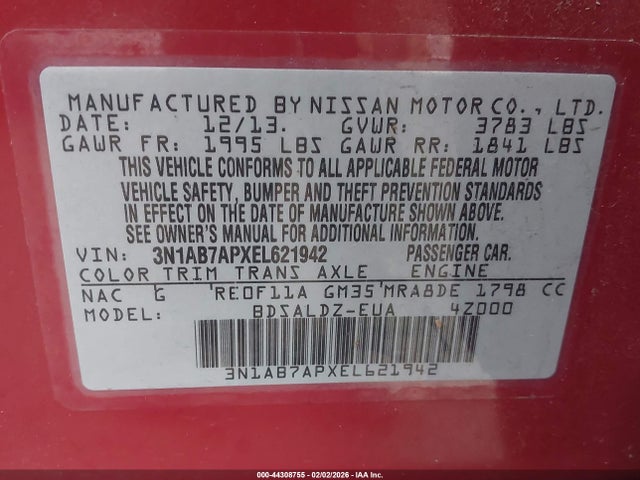 3N1AB7APXEL621942 Nissan Sentra Fe+ S/fe+ Sv/s/sl/sr/sv