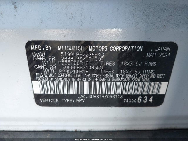 2024 Mitsubishi Outlander Es 2.5 2wd მანქანა იყიდება აუქციონზე, vin: JA4J3UA81RZ056118, აუქციონის ნომერი: 44308774