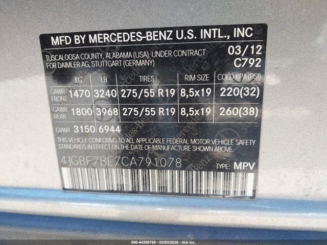 2012 Mercedes-benz Gl 450 4matic მანქანა იყიდება აუქციონზე, vin: 4JGBF7BE7CA791078, აუქციონის ნომერი: 44308788