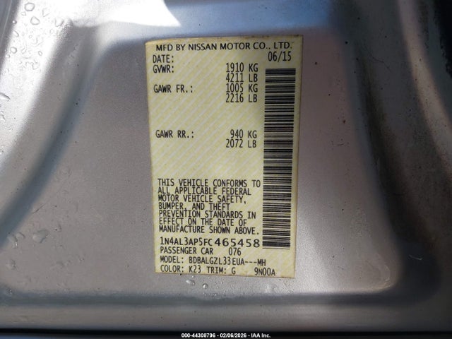 Nissan Altima 2.5 S 2015 1N4AL3AP5FC465458 Image 9