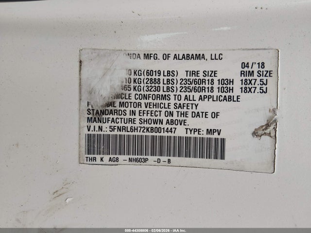 2019 HONDA ODYSSEY 5FNRL6H72KB001447 Photo 8