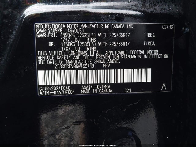 2T3RFREV9GW459418 Toyota Rav4 Xle