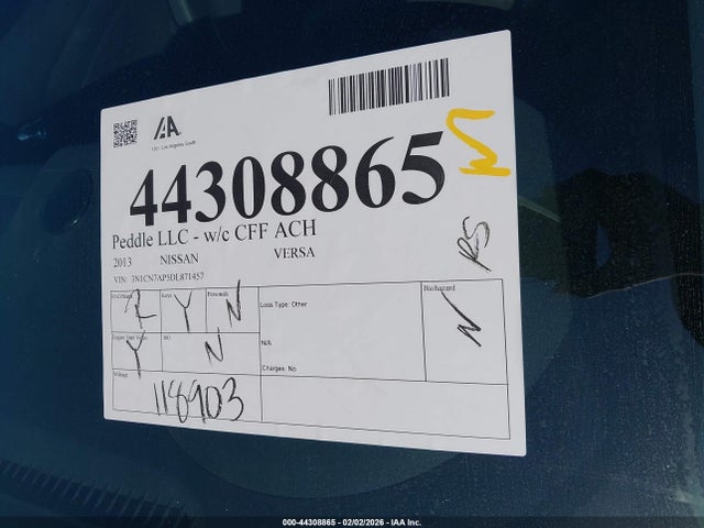2013 Nissan Versa 1.6 Sv მანქანა იყიდება აუქციონზე, vin: 3N1CN7AP5DL871457, აუქციონის ნომერი: 44308865