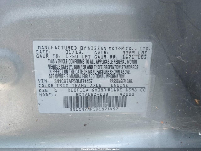 2013 Nissan Versa 1.6 Sv მანქანა იყიდება აუქციონზე, vin: 3N1CN7AP5DL871457, აუქციონის ნომერი: 44308865