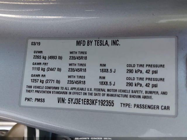 Продаж на аукціоні авто 2019 Tesla Model 3 Long Range/performance, vin: 5YJ3E1EB3KF192355, номер лоту: 44308876