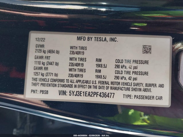 Продаж на аукціоні авто 2023 Tesla Model 3 Rear-wheel Drive, vin: 5YJ3E1EA2PF436477, номер лоту: 44308884